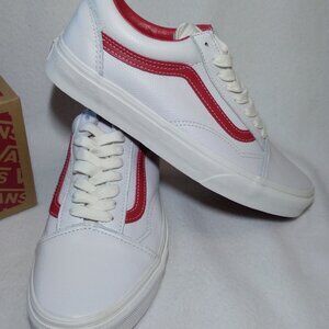 Vans Womens Size 9.0 Old Skool Vintage Leather Blanc De  White Red Shoes New Box